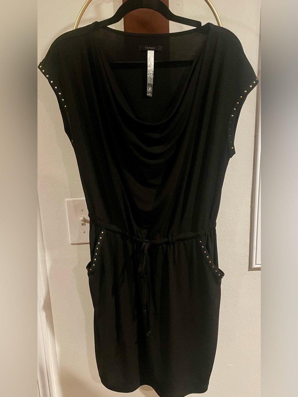 Kensie Black Draped-Neck Midi Dress with Gold Stud Trim